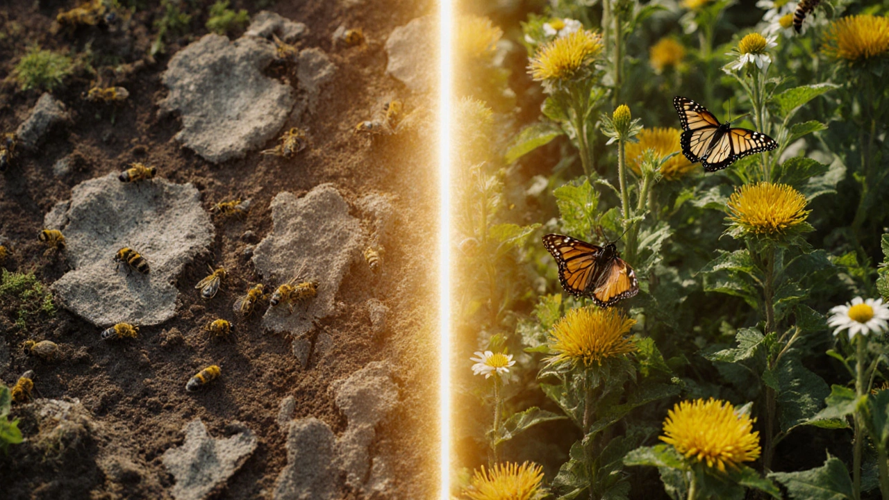 Split garden: one side dead from chemicals, the other thriving with neem oil treatment.