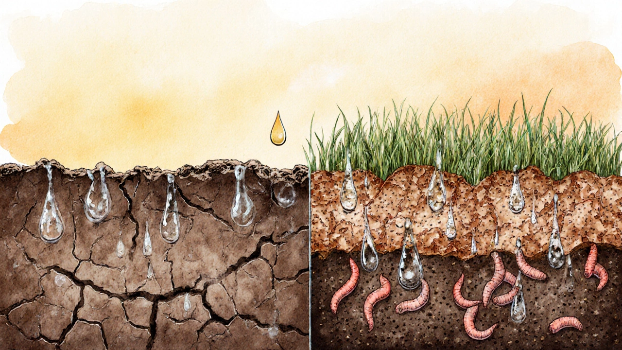 Split illustration comparing compacted soil (left) with healthy, porous soil full of worms and air pockets (right).