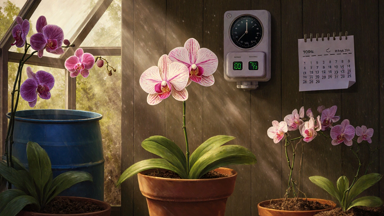 Vanda orchid thriving in a microclimate setup with misting system, rainwater barrel, and humidity monitor.