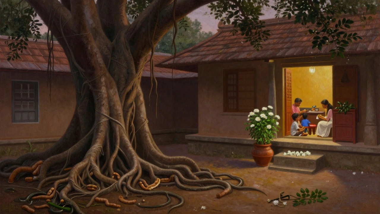 A giant banyan tree with spreading roots near a temple in a courtyard, while a tulsi plant is tended to inside the house.