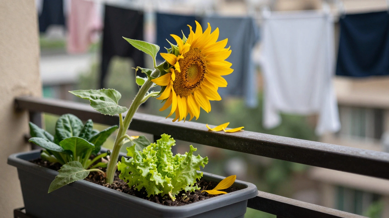 A snapped sunflower falling from a windy balcony, with leafy greens thriving nearby.