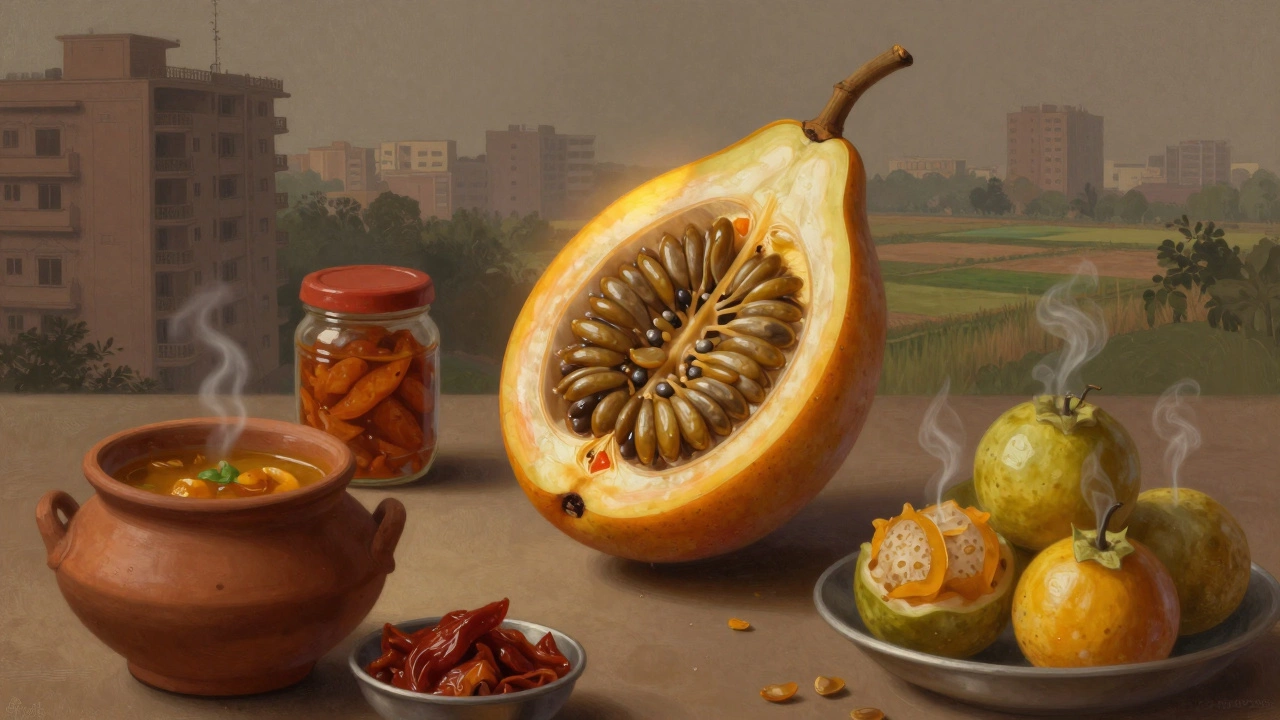 A split queen of India fruit revealing its seeds, floating above traditional Indian dishes.