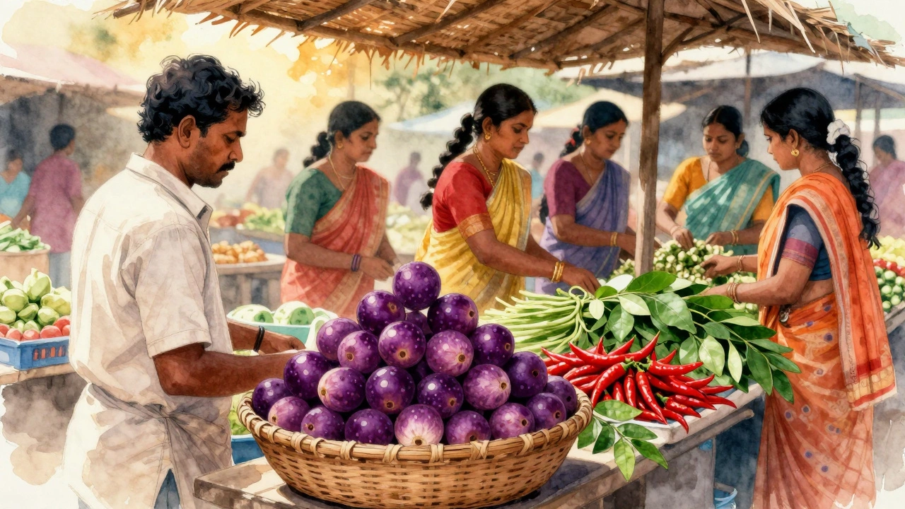 A vendor&#039;s basket filled with tiny purple queen of India fruits at a vibrant Indian market.