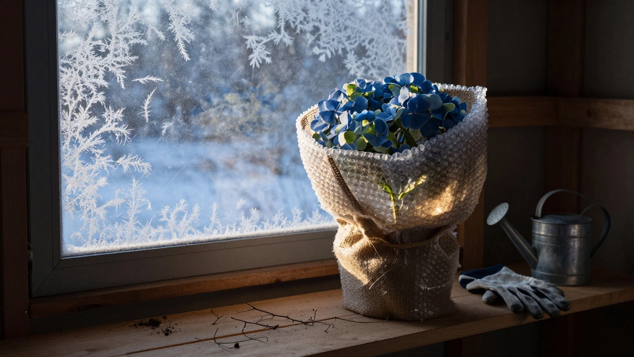 A winter-wrapped hydrangea pot stored in a garage, insulated and resting in dormancy.
