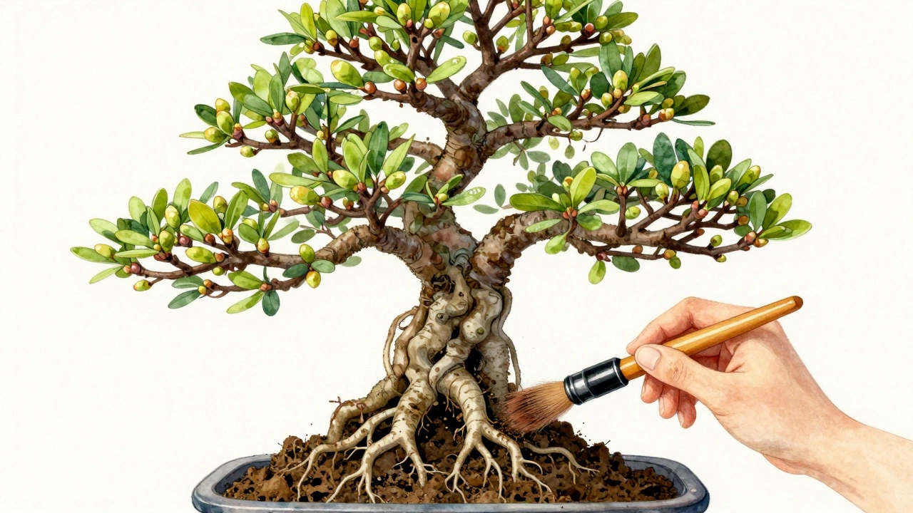 Chinese Elm bonsai with new buds and exposed roots during repotting, illustrated in watercolor style.