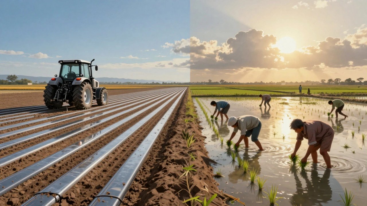 Contrasting modern tractor planting and traditional hand-planting of rice in side-by-side fields.