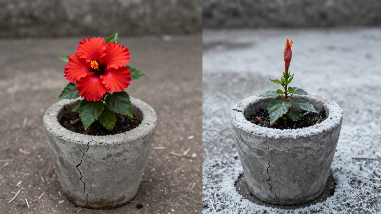 Cracked pot with hibiscus blooming in winter, symbolizing resilience against harsh conditions.