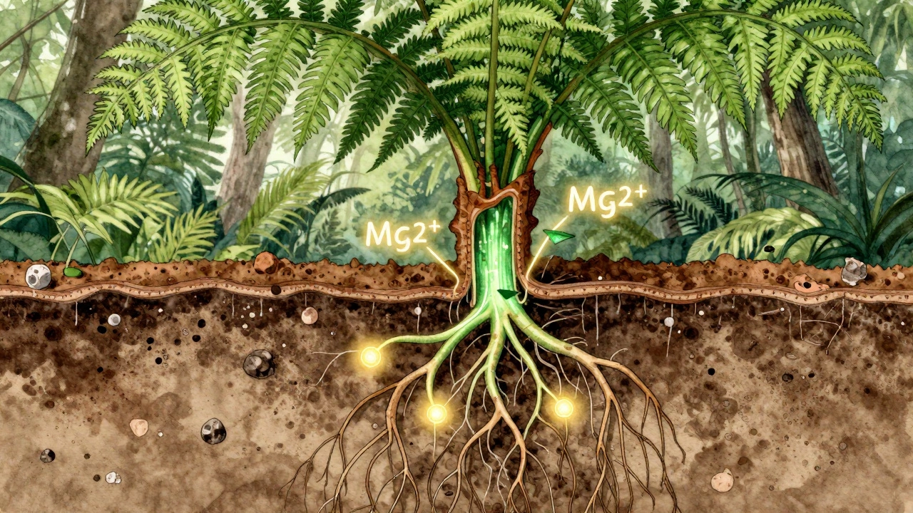 Cross-section of fern roots with golden magnesium ions boosting chlorophyll, set against tropical forest background.