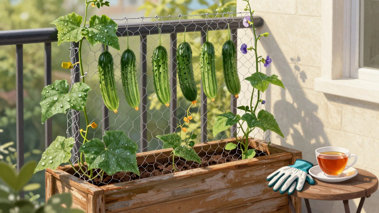 Cucumbers and sweet peas growing vertically on chicken wire trellis with potted plants and gardening tools nearby.