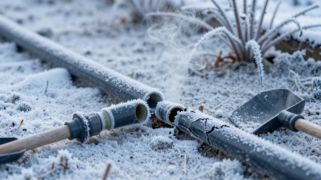 Frost-damaged drip line in winter snow, cracked tubing and tools beside a hand-watered plant.