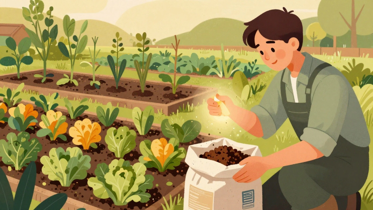Gardener examining a compost bag for organic certification while healthy plants grow behind.