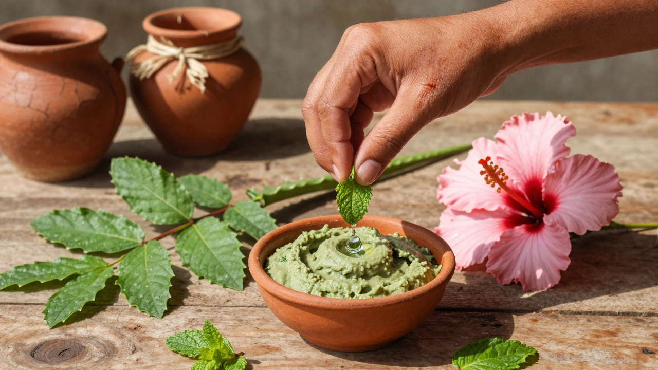 Hand crushing mint leaf over chutney, with aloe gel and hibiscus flower nearby on a wooden table.
