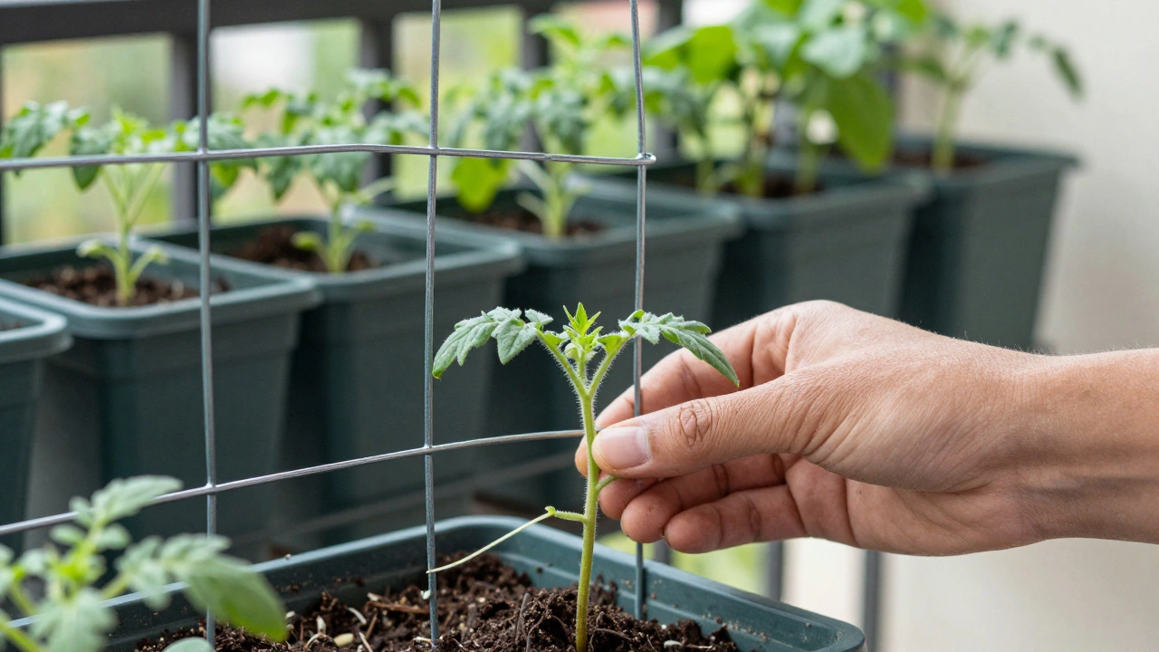 Hand planting a tomato seedling near chicken wire trellis with climbing bean tendrils visible in background.