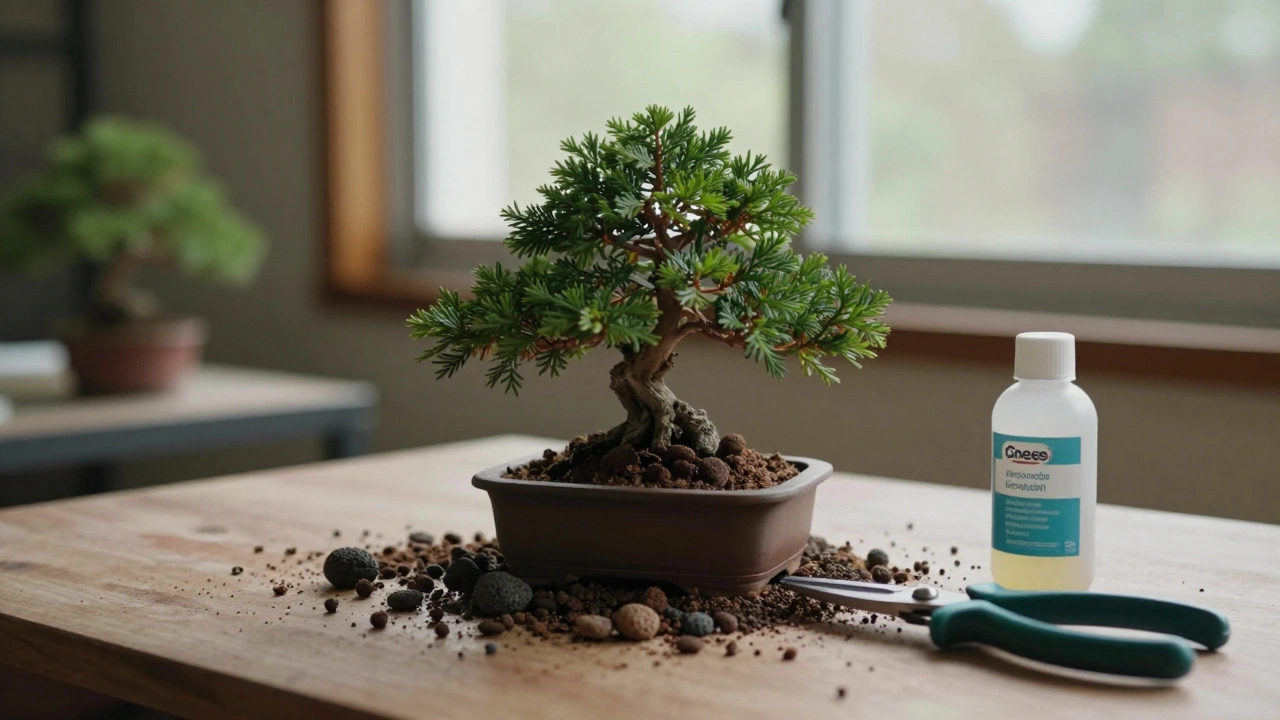 Juniper bonsai with special soil mix and pruning tools on a wooden surface, bathed in soft daylight.