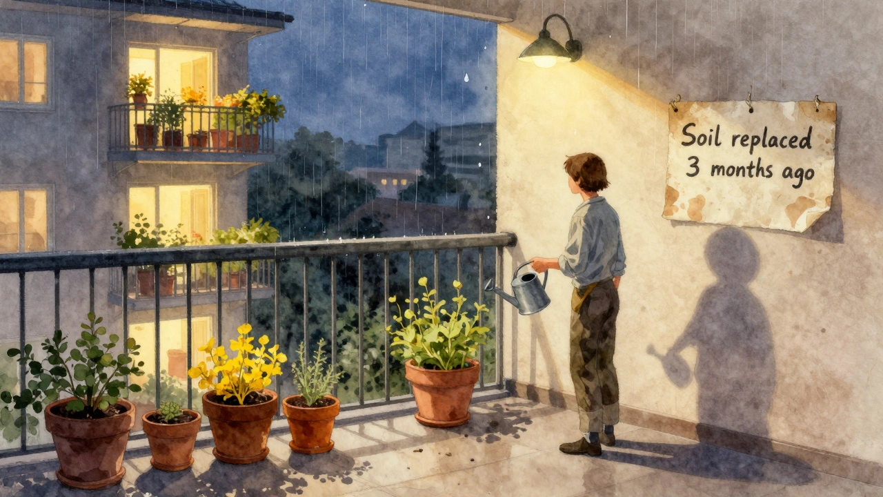Lonely gardener at dusk holding a watering can, surrounded by dying plants on a quiet balcony.