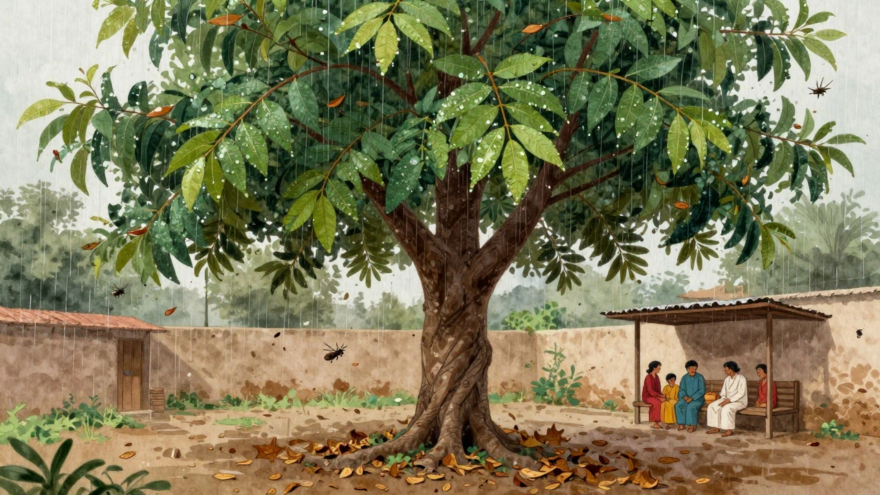 Mature neem tree shading a courtyard during monsoon rain, with leaves glistening and leaves falling below.