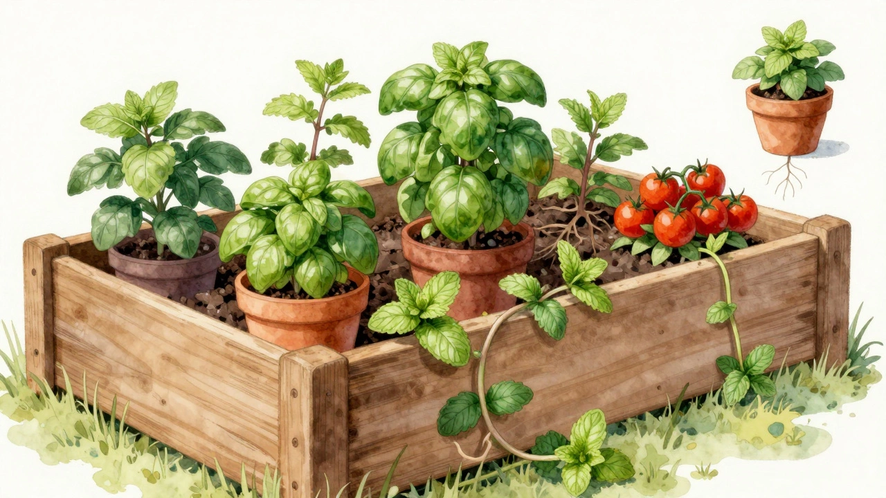 Mint roots spreading from a raised bed into adjacent pots, showing invasive growth.