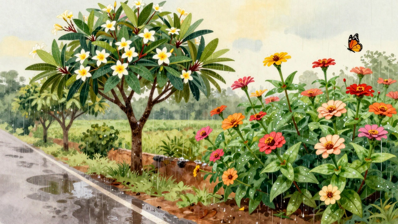 Monsoon-season roadside garden with plumeria and zinnias blooming amid raindrops and reflections.