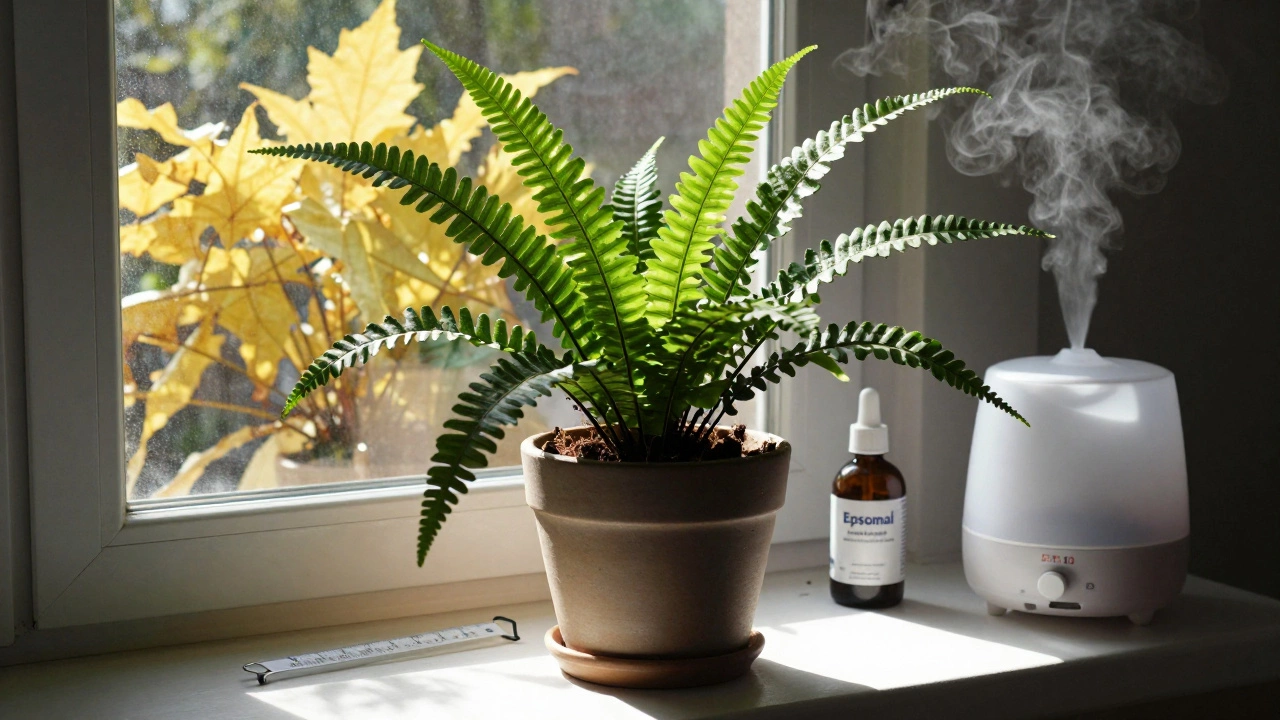 Old Boston fern with three vibrant new fronds emerging, lit by sunlight, beside Epsom salt and humidifier.