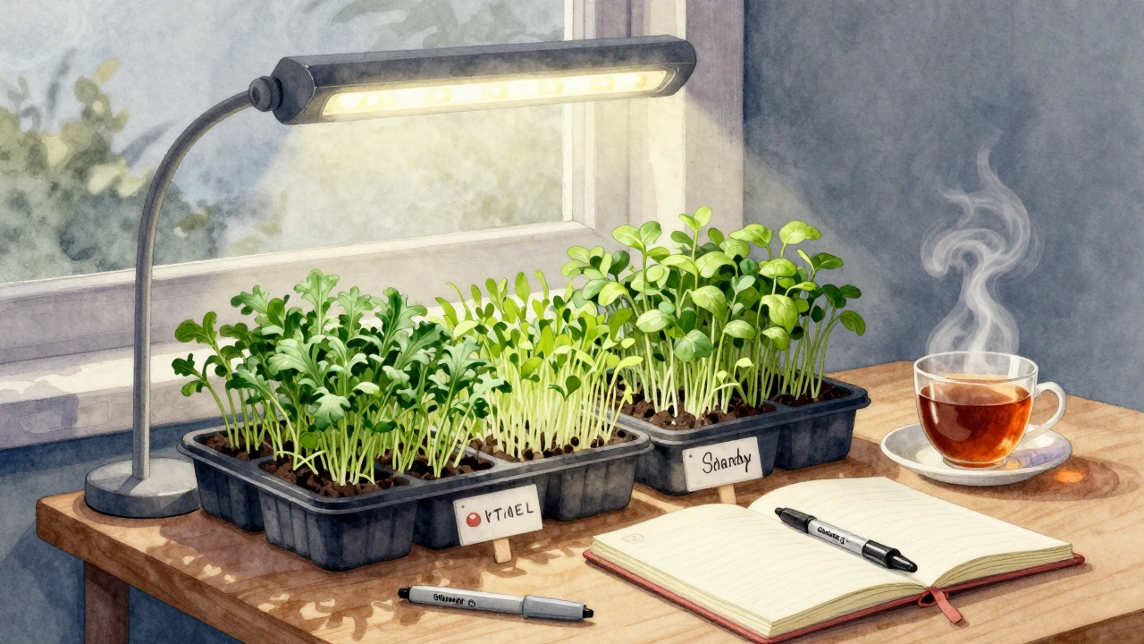 Shelf under grow light with microgreens sprouting, labeled sticks, soft ambient light.