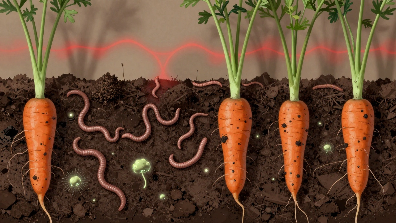 Soil cross-section showing thriving microbes in organic compost versus contamination from non-organic sources.