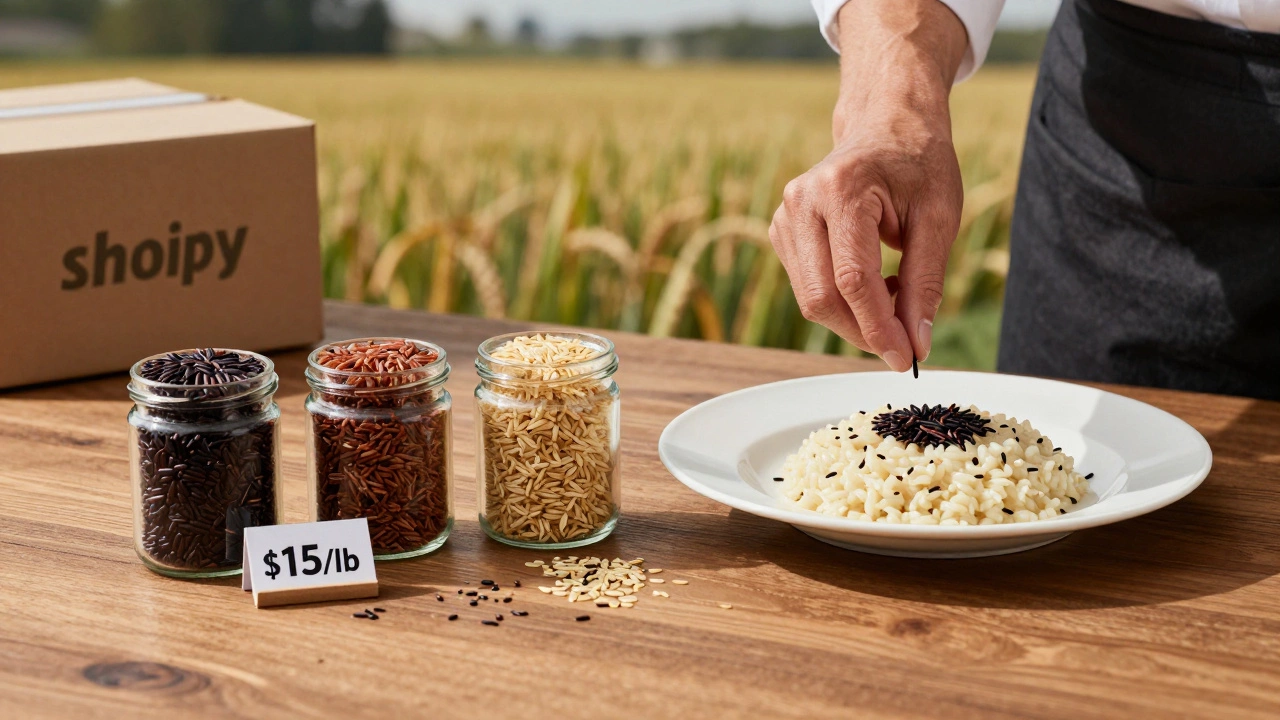 Specialty rices in glass jars beside a chef&#039;s plate, with a farmer&#039;s hand placing a grain on rice.