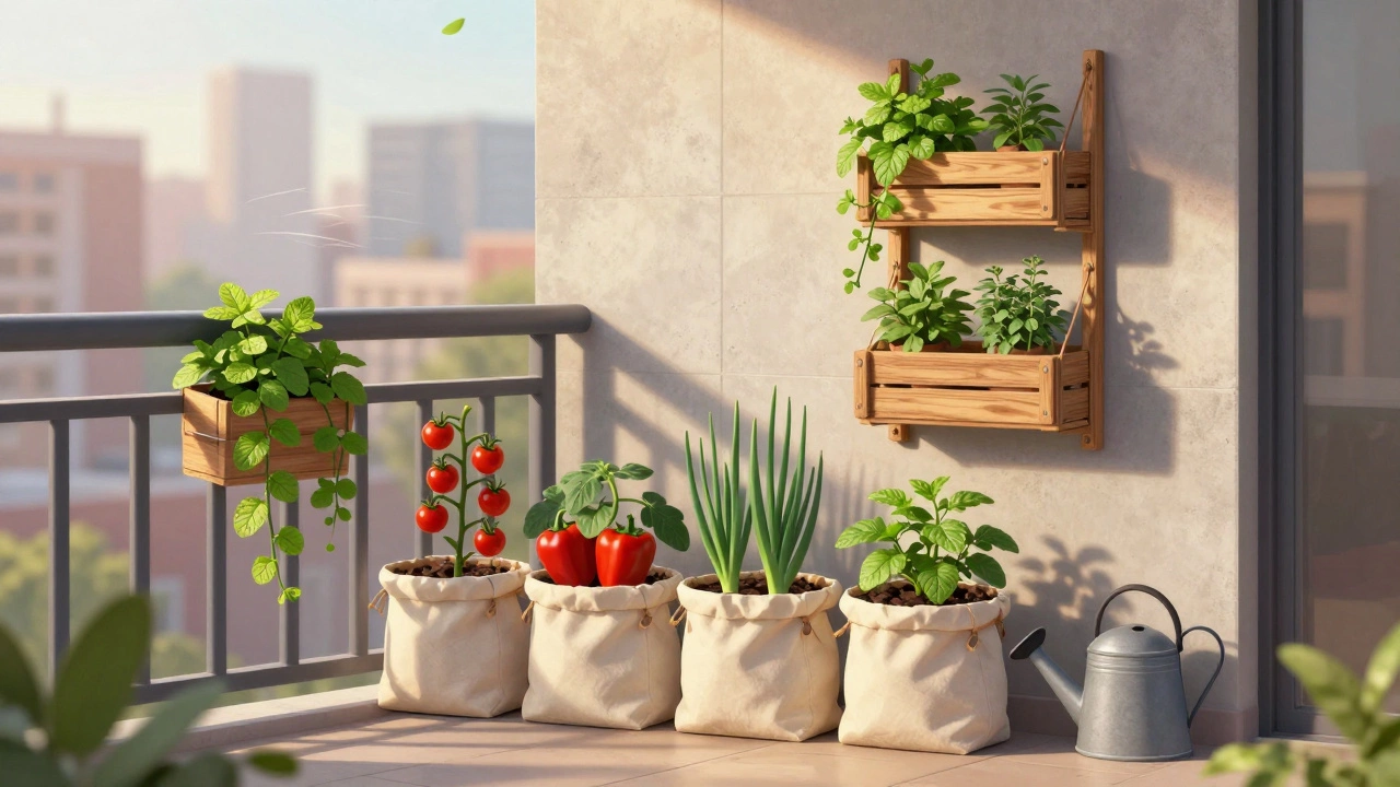 Urban balcony with grow bags of tomatoes and peppers, hanging herbs, and wooden crate ladder.