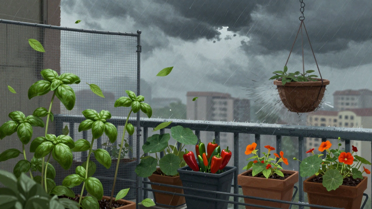 Wind-swept balcony garden with mesh screen protecting low-growing plants, leaves flying in stormy air.