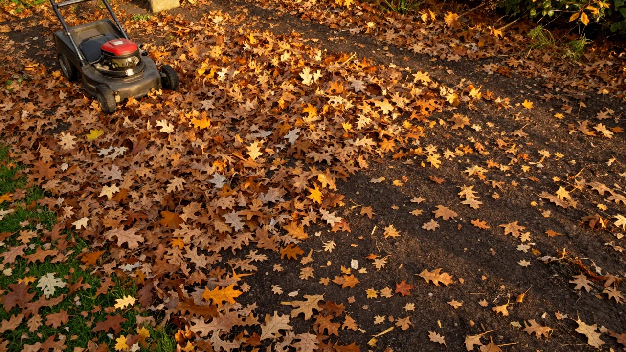 Autumn garden covered in shredded leaves, lawnmower nearby