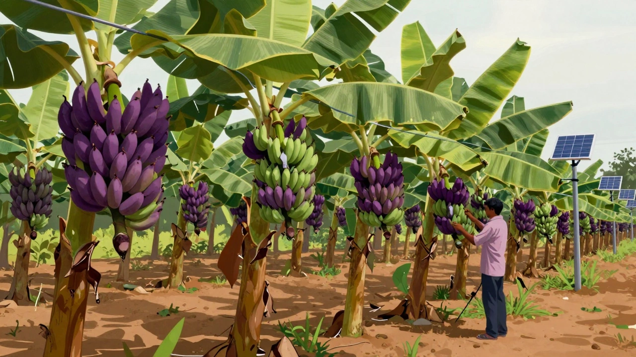 Banana plants with heavy bunches under drip irrigation in Andhra Pradesh.
