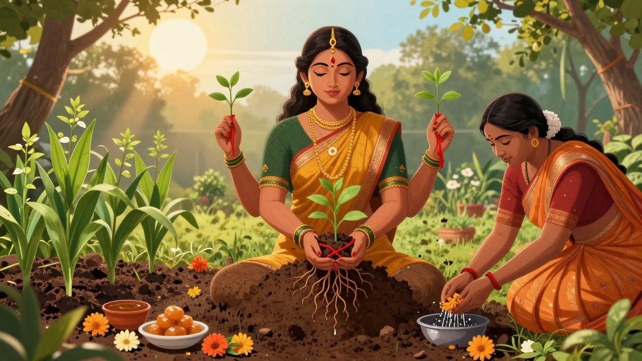 Bhumi Devi emerging from earth, cradling saplings tied with red threads, surrounded by tulsi plants and floral offerings in a rural courtyard.