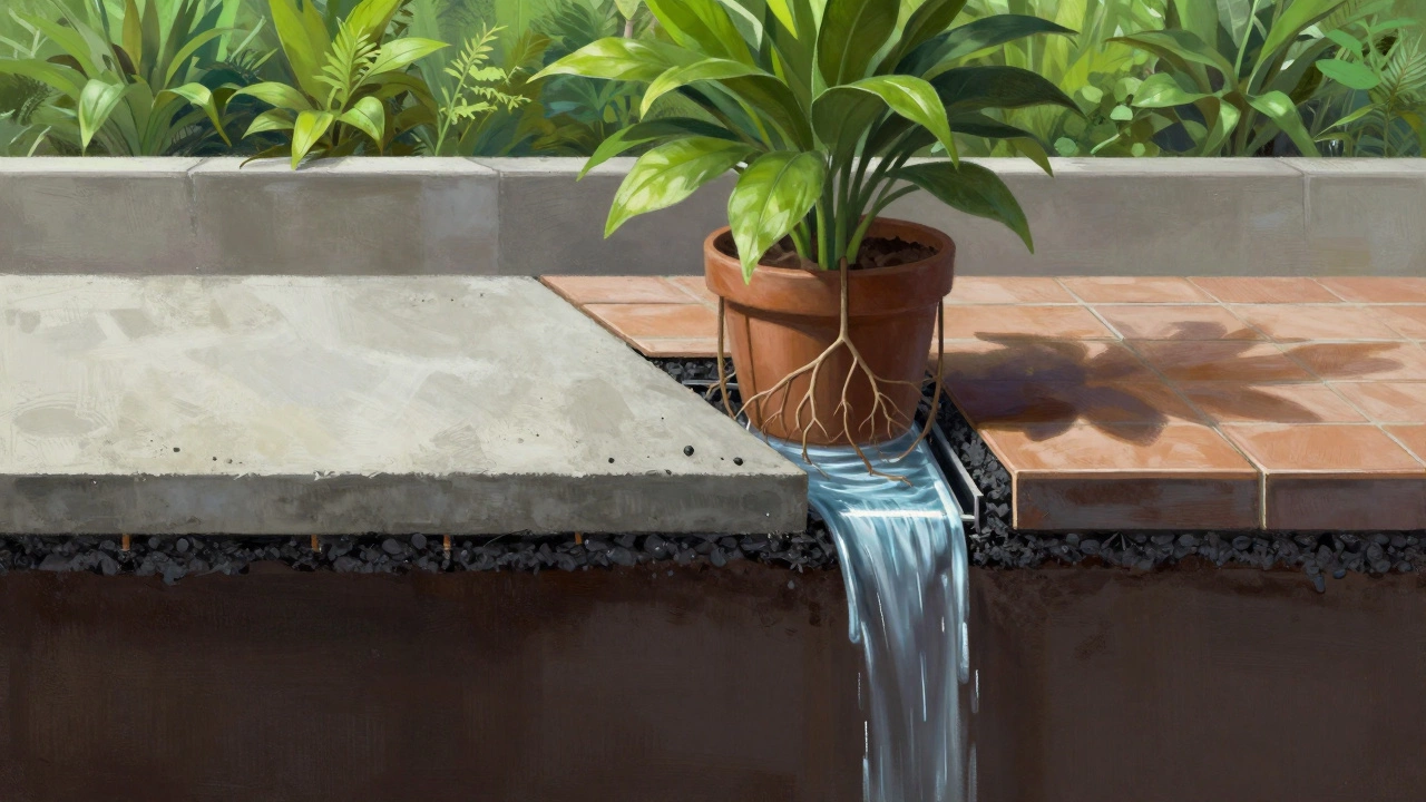 Cross-section of a waterproofed terrace showing layers, roots blocked, and water draining safely.