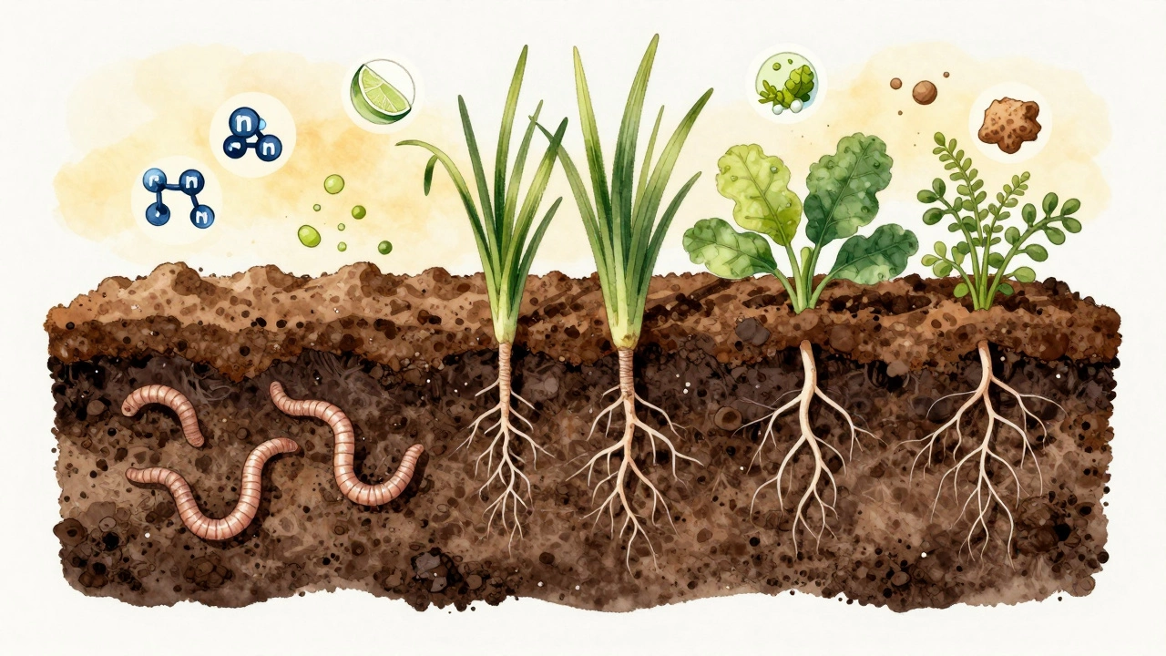 Cross-section of healthy soil with worms, roots, and organic matter layers