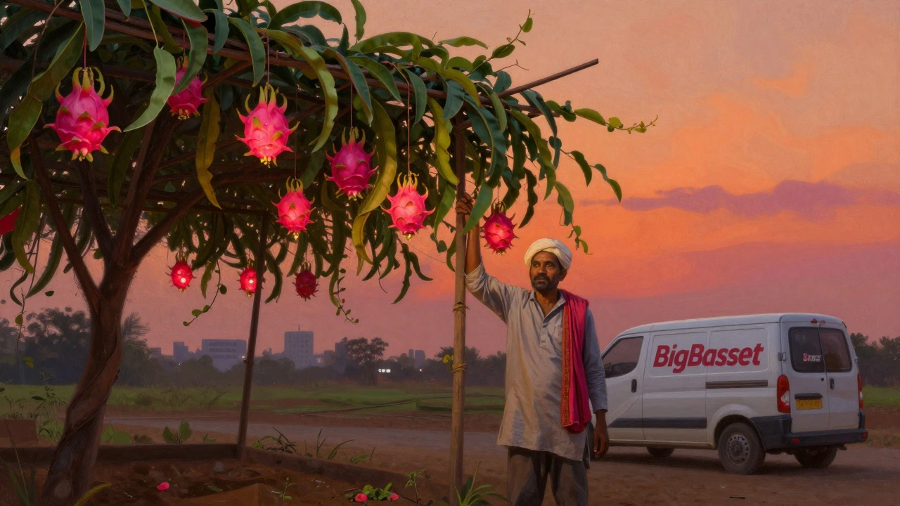 Dragon fruit on trellises at dusk with urban skyline in background.
