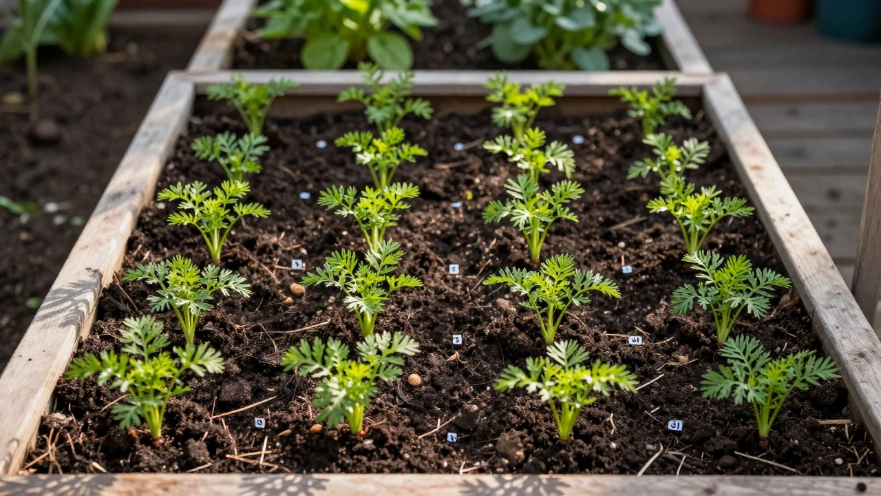 Overhead view of evenly spaced carrot rows in a raised garden bed.