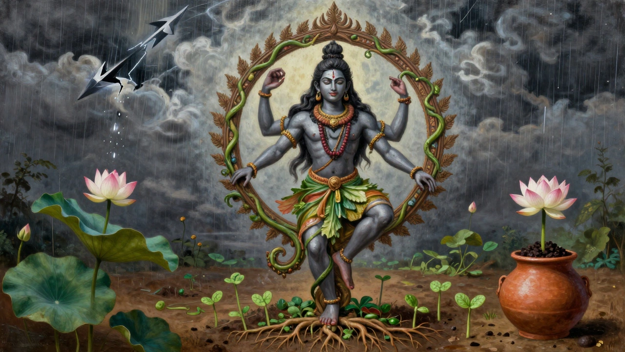 Shiva’s cosmic dance manifesting as vines and sprouts, with rain clouds above and cow dung fertilizer beside a lotus bloom.