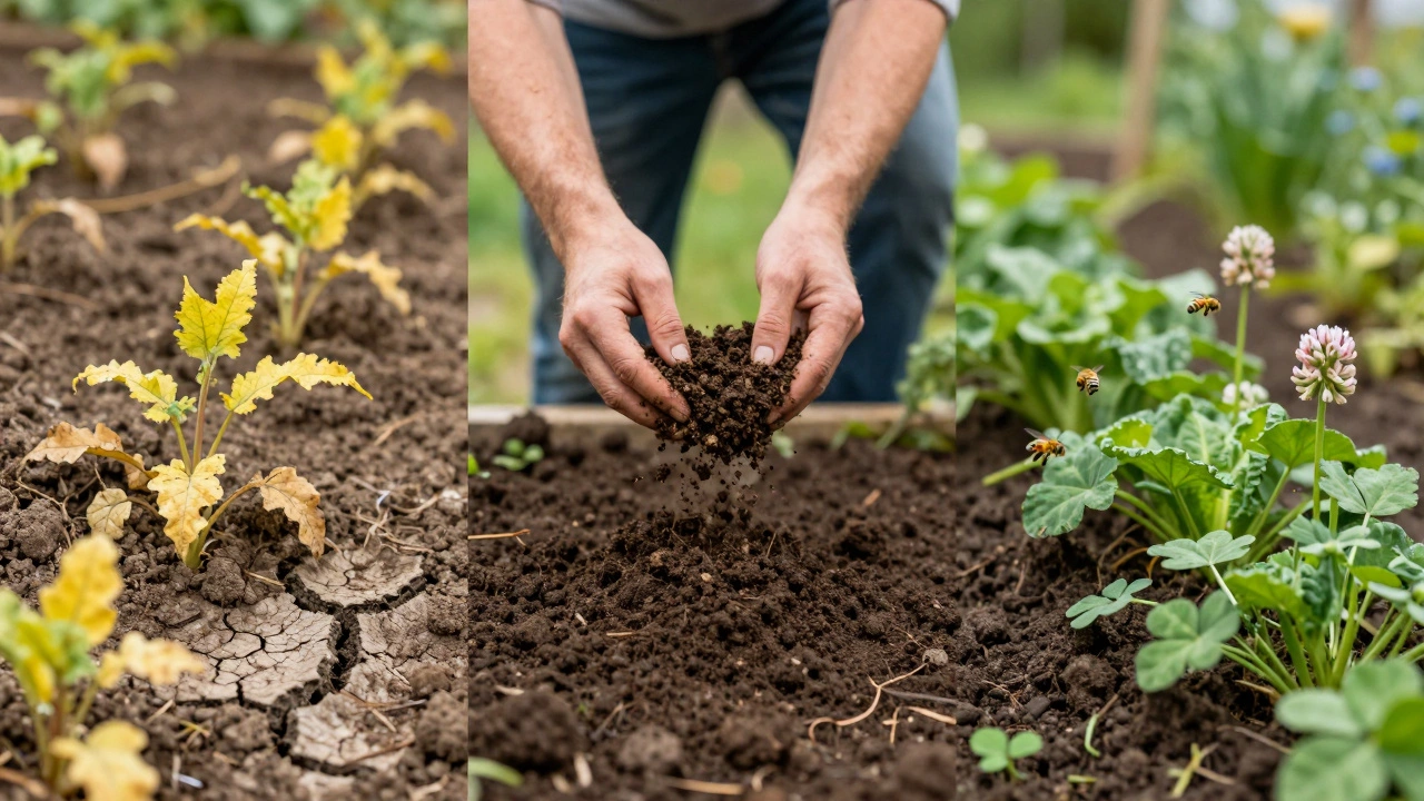 Time-lapse of soil recovery: from barren to rich, with compost, clover, and thriving plants.