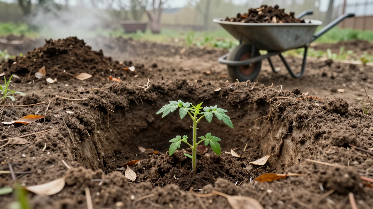 Tomato plant growing from a compost trench with leaves and manure in background