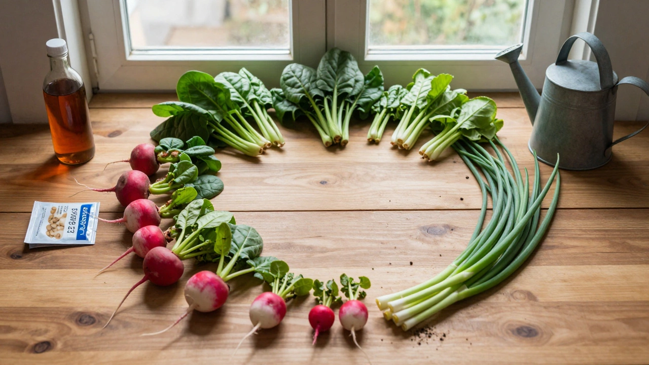 A circular arrangement of fast-growing vegetables and seed packets on a windowsill, symbolizing quick homegrown harvests.