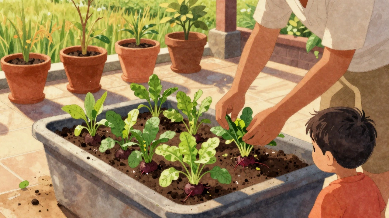 A family harvesting mustard greens and beetroot leaves from container pots on a terraced terrace in South India.