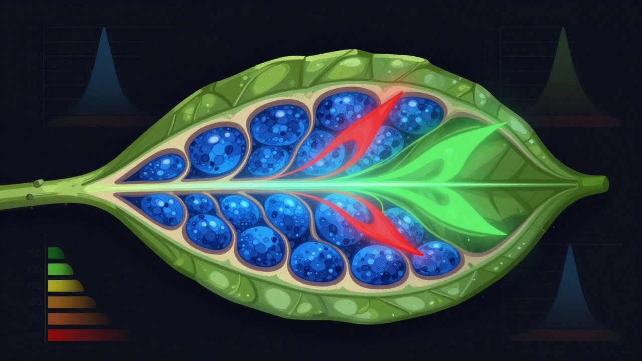 A leaf cross-section showing blue and red light being absorbed by chlorophyll while green light passes through.