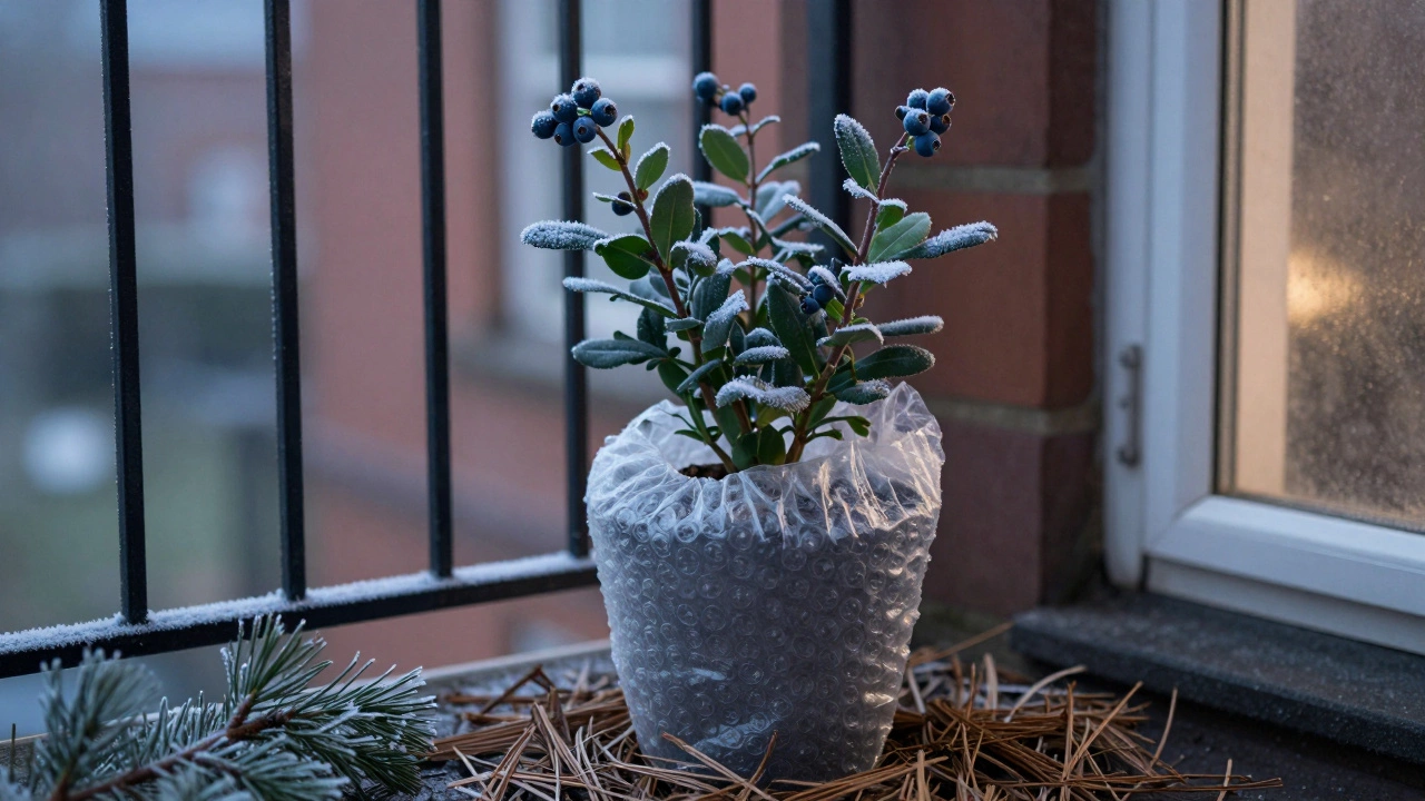 A potted blueberry plant protected with fleece and bubble wrap during a frosty winter day.