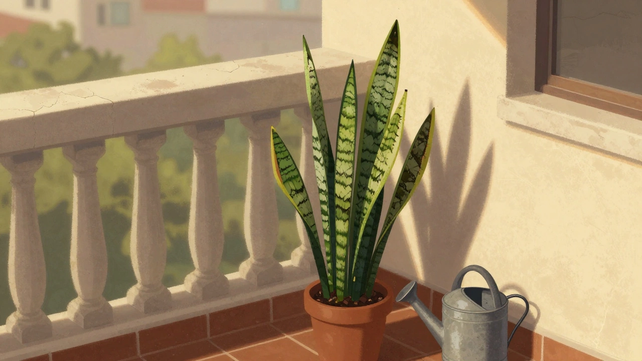 A resilient snake plant on a weathered balcony railing, showing slight sun damage but still vibrant and upright.