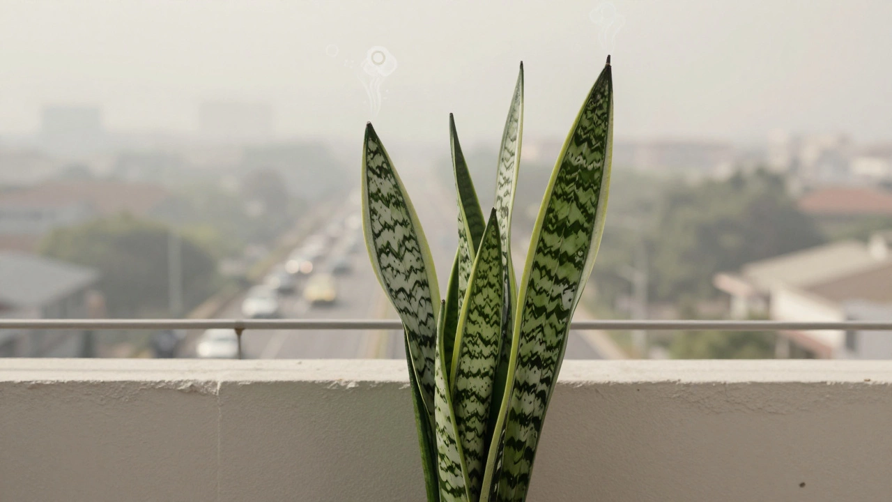 A snake plant standing like a silent guardian on a balcony, its leaves filtering city smog with subtle air-purifying effects.