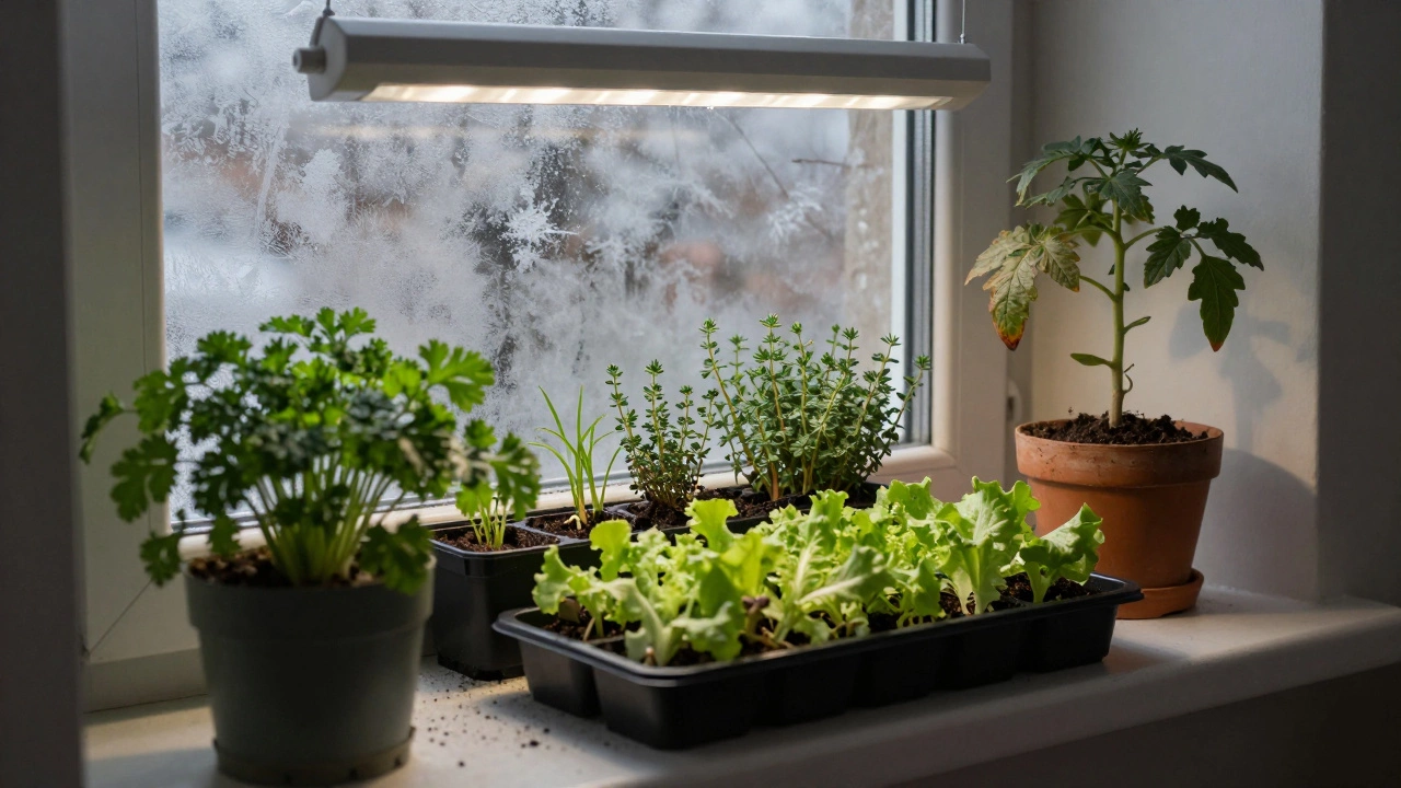 A winter windowsill garden with hardy herbs under a grow light, next to new lettuce seedlings in a shallow tray.