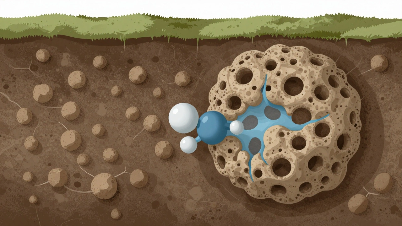 Cross-section of acidic soil turning into crumbly structure after lime application, with air and water pores forming.