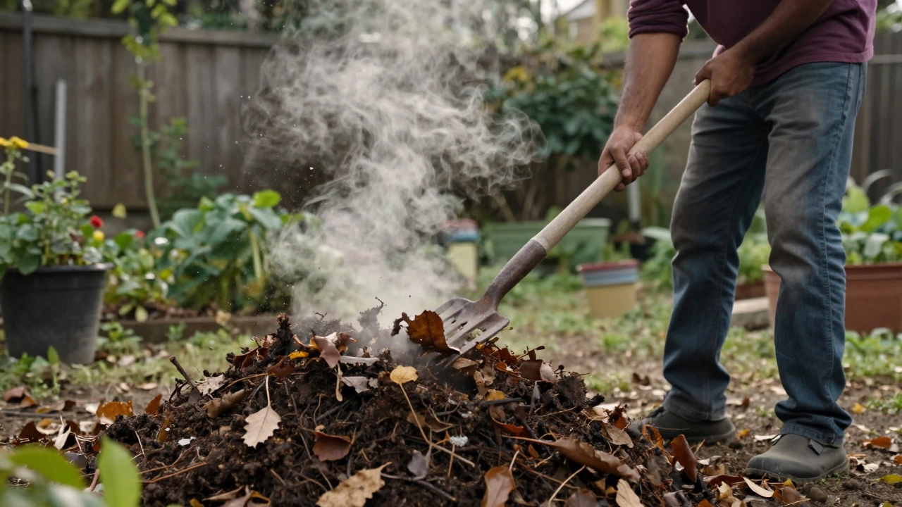 Gardener adding dry leaves to smelly compost pile while turning with pitchfork.