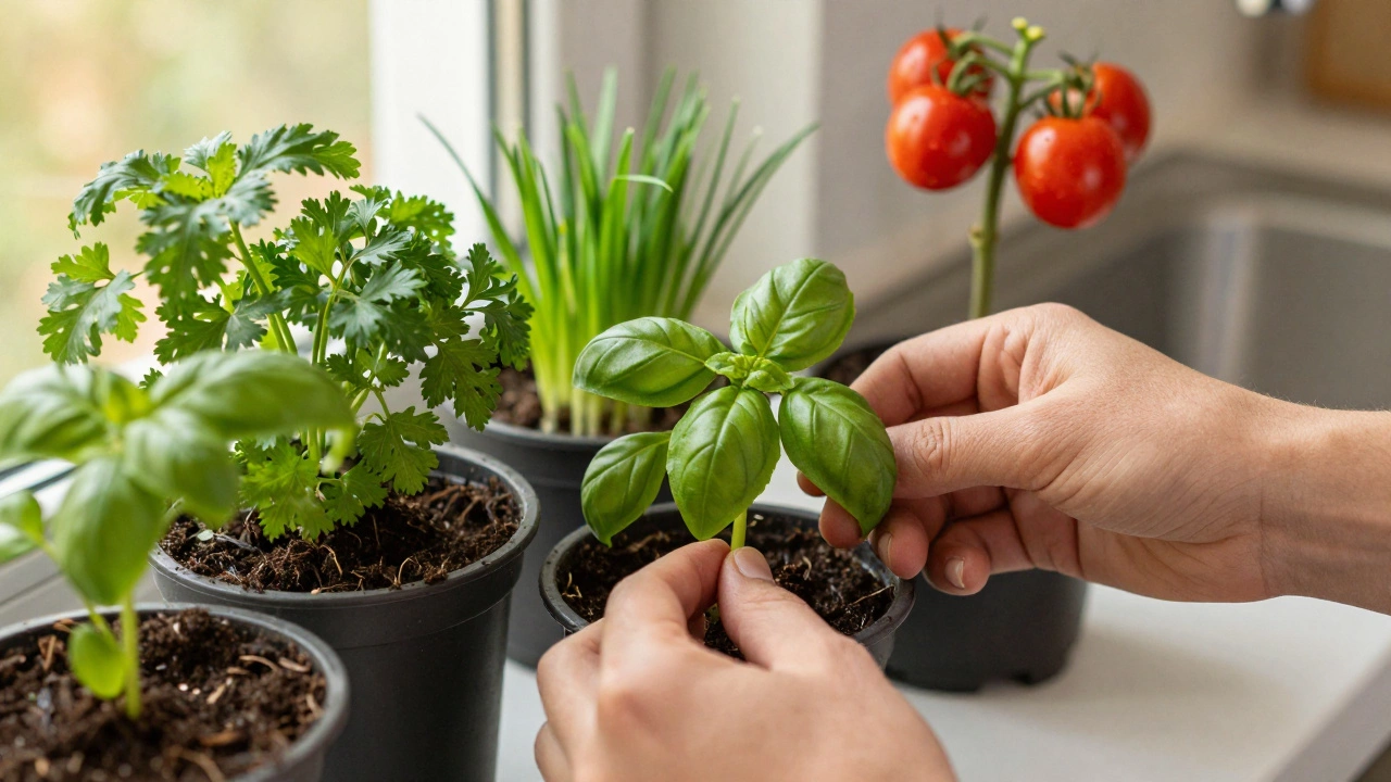 Hands harvesting fresh basil leaves from a potted plant on a windowsill, with other herbs visible in the background.