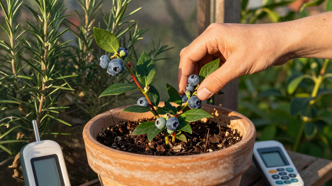 Hands harvesting ripe blueberries from a dwarf variety plant with soil and pH meter nearby.