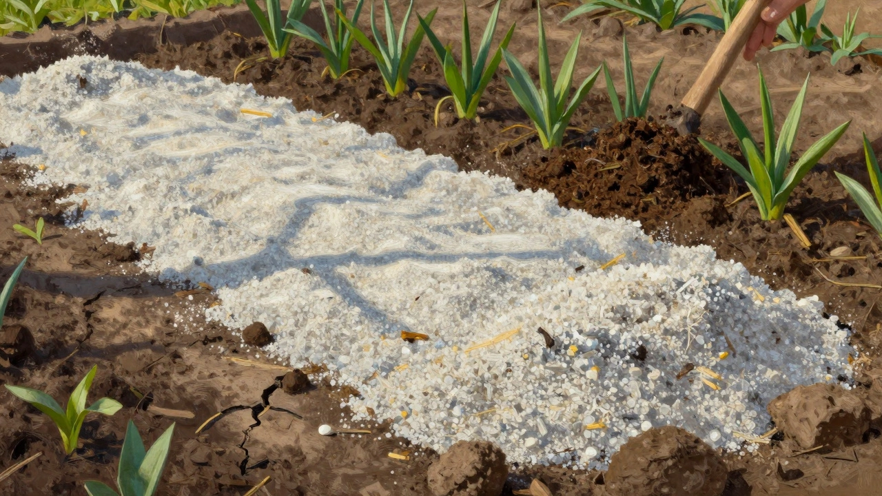 Spring garden with lime spread and compost being mixed, healthy plants growing in improved soil.